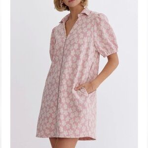 NEW pink daisy floral zip up collar dress